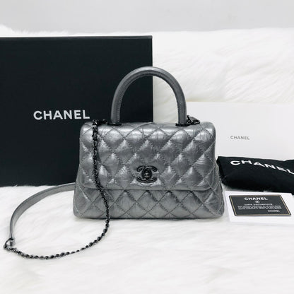 Quilted Mini Coco Handle Flap Silver