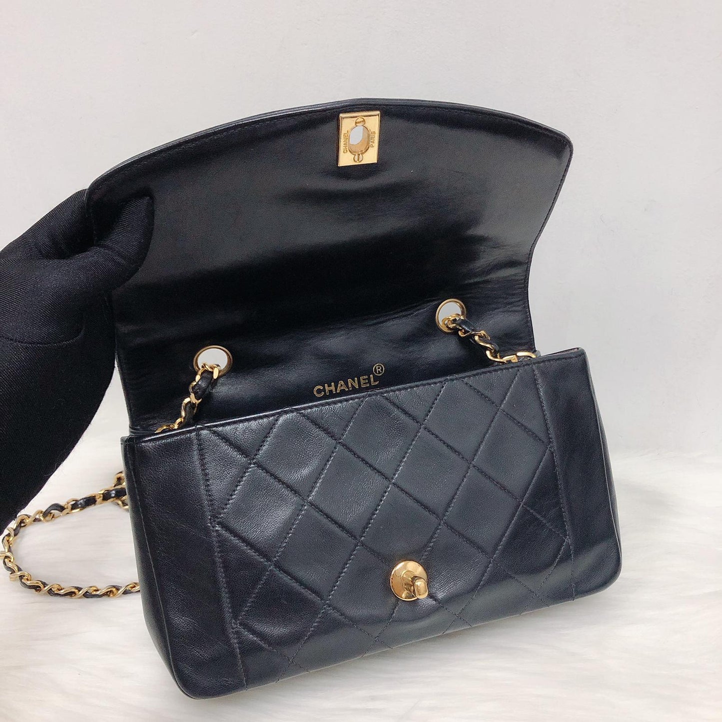 Small Classic Diana flap Black Lambskin GHW