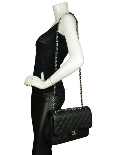 Chanel Black Caviar Leather Double Flap Jumbo Bag