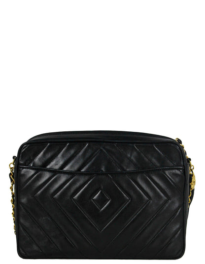 Chanel Vintage Black Lambskin Leather Diamond Quilted Camera Bag