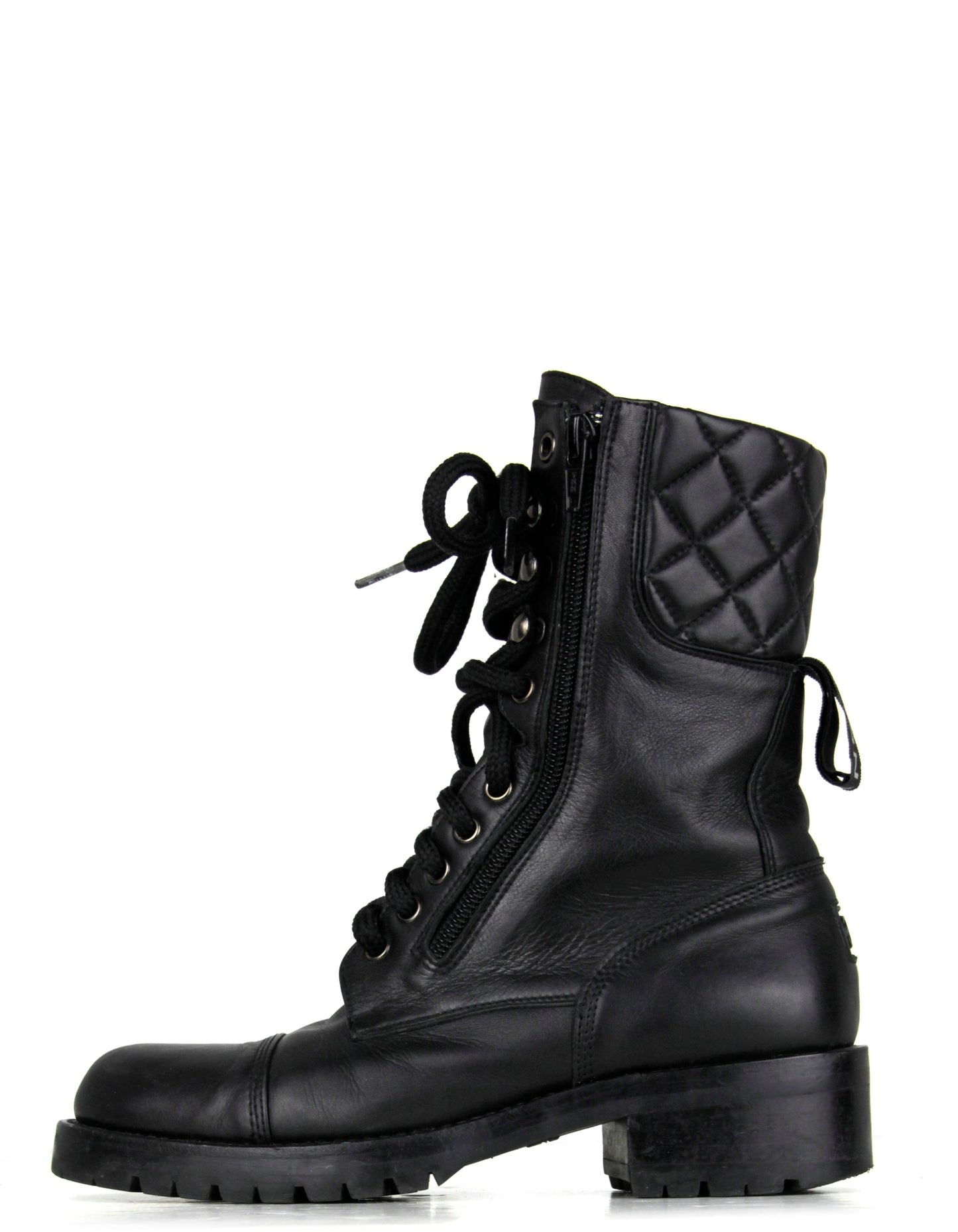 Chanel Vintage Black Leather CC Combat Boots sz 36