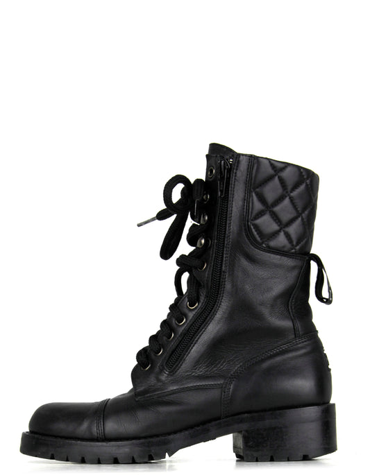 Chanel Vintage Black Leather CC Combat Boots sz 36