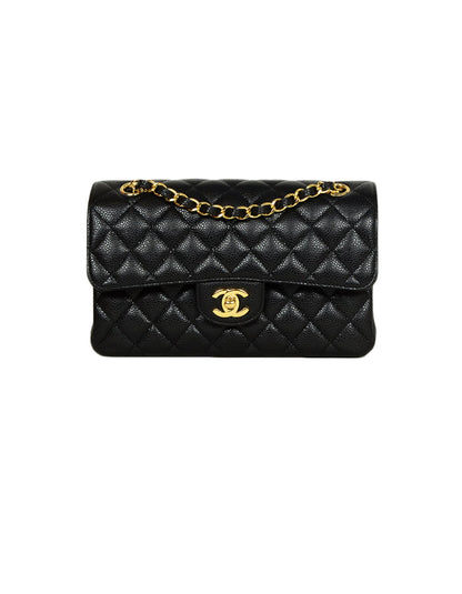 Chanel Black Quilted Caviar Leather 9" Small Double Flap Classic Bag GHW
