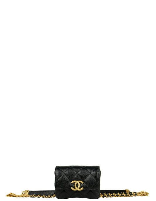 Chanel Black & Gold Caviar Leather Mini Melody Belt Bag Card Holder