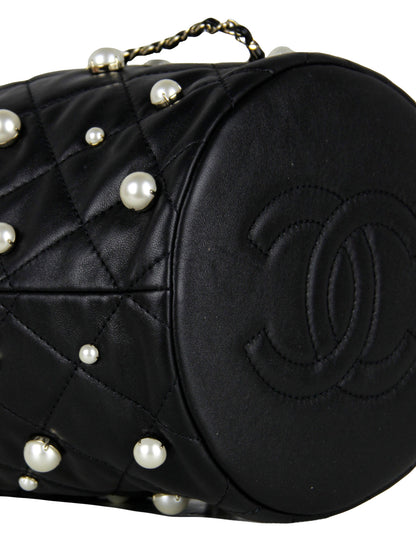 Chanel Black Leather Pearl Bucket Bag