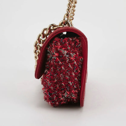 Chanel Red CC Mini Matelasse Tweed Leather Flap Chain Bag Gold Hardware