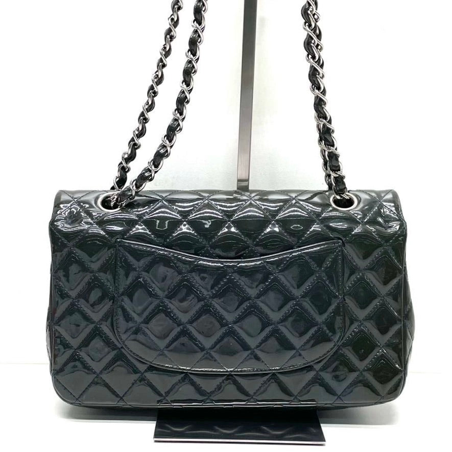 Chanel Classic Flap Medium Large Dark Green Patent Leather Silver Hardware, 2014-2015