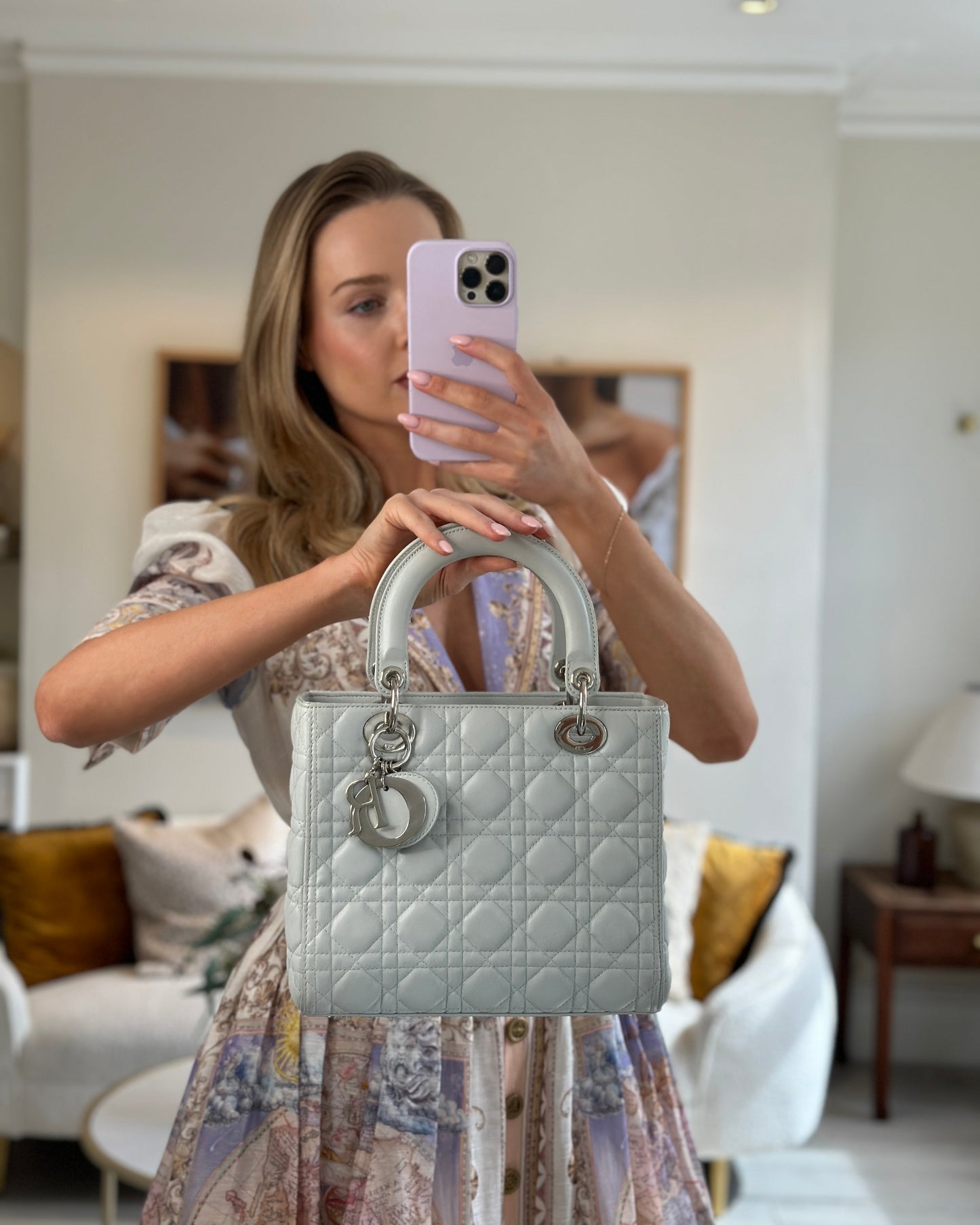 Christian Dior Ice Blue Medium Lady Dior Bag in Calfskin Leather with Silver Hardware