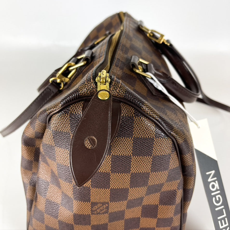 Louis-Vuitton Damier Ebene Speedy 30 Canvas Bag with Strap