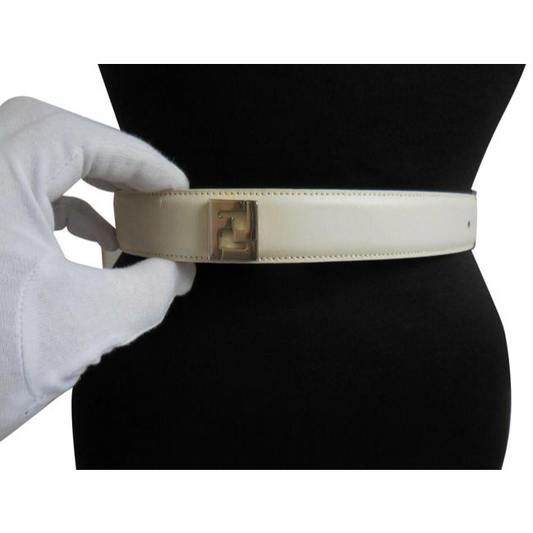 Fendi White With Chrome Ff Logos Leather And Buckles Belt
