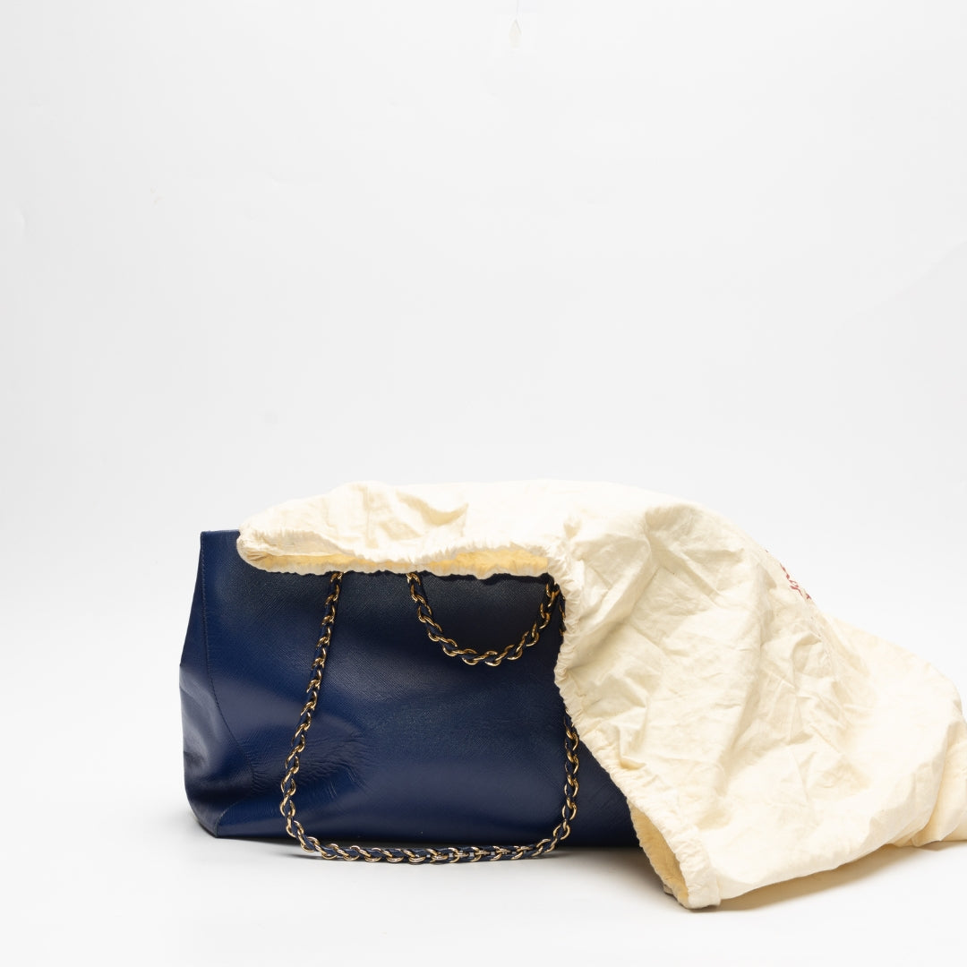 Salvatore Ferragamo Chain-Link Blue Saffiano Leather Tote Bag