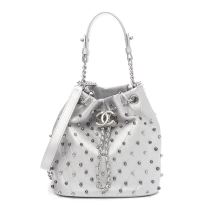 Chanel Metallic Lambskin Studded Chevron Quilted Small Stud Wars Drawstring Bag- Silver