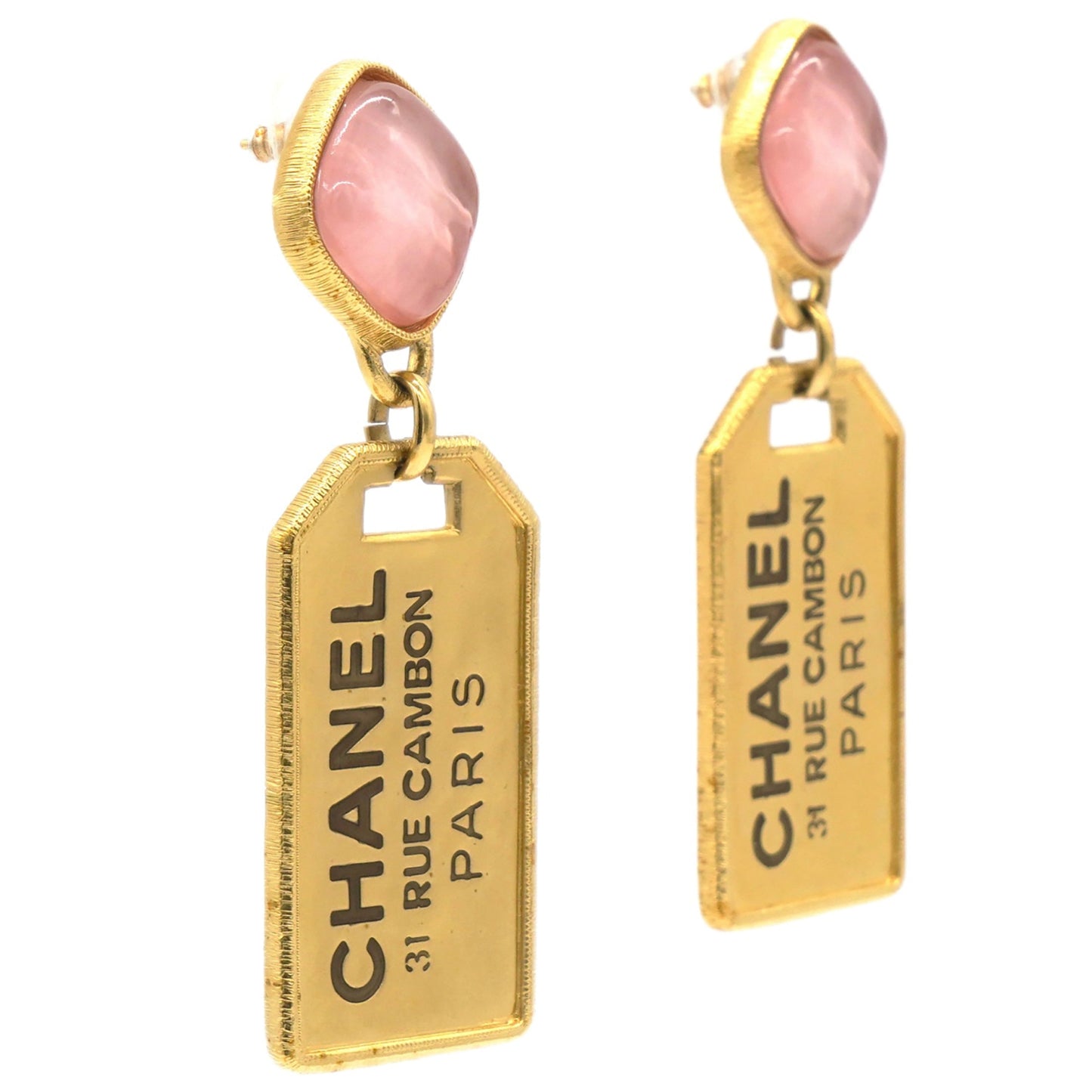 Pink Stone Badget CC Tags Drop Earrings Gold