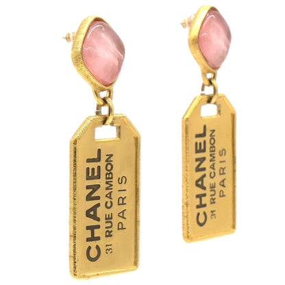 Pink Stone Badget CC Tags Drop Earrings Gold