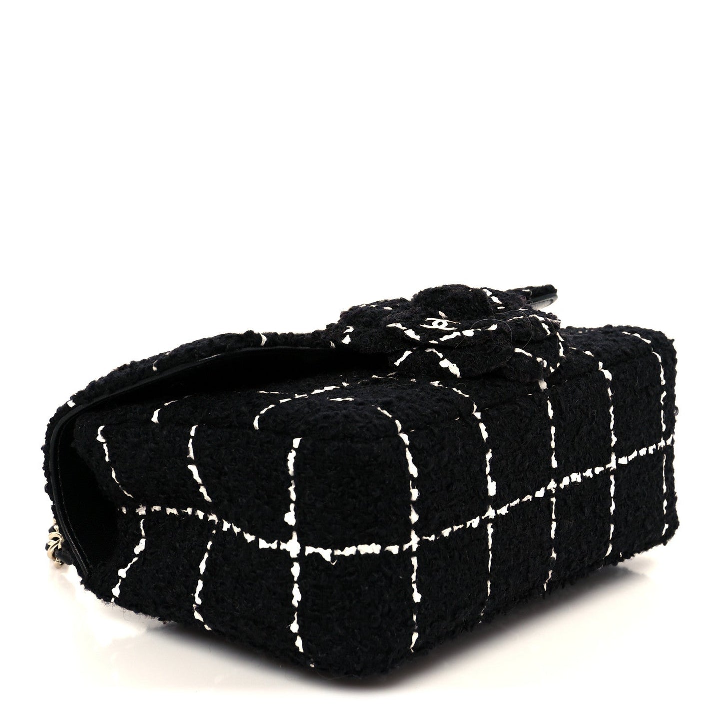 Tweed Quilted Small Camellia Flap Black White