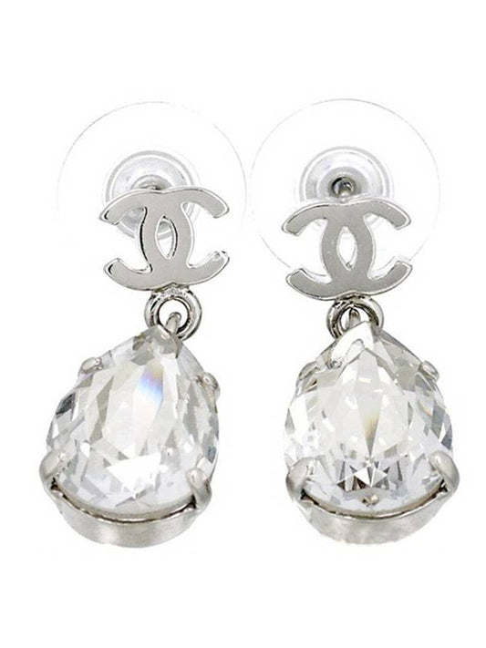 CC Logo Crystal Teardrop Earrings Silver Chanel