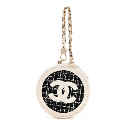 Tweed Quilted Round Filigree Pouch With Chain White Black