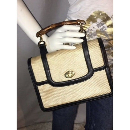 Gucci Black Leather And Ivory Raffia Lunch-box Satchel With Bamboo Hanle