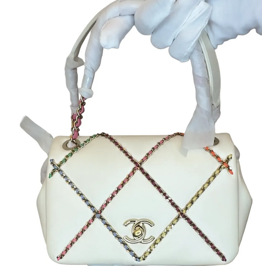 CHANEL Lambskin Small Entwined Chain Flap White Multicolor B-