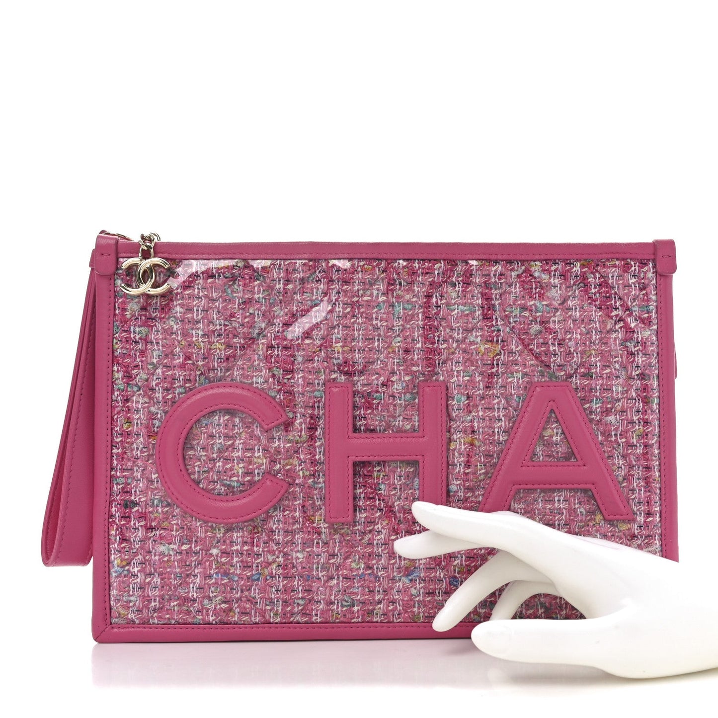 Tweed PVC Lambskin Wristlet Pouch Pink