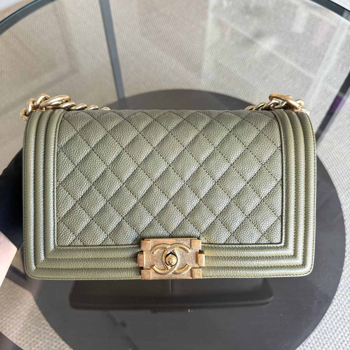 Chanel Boy Medium - Caviar 25CM Quilted Green Gold Hardware