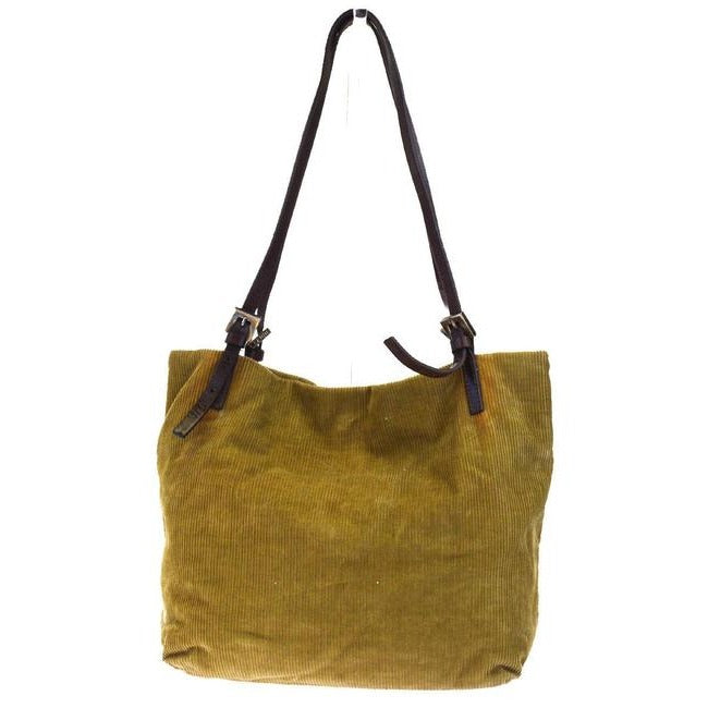 Fendi Camel Corduroy And Brown Leather Tote With Chrome Hardware