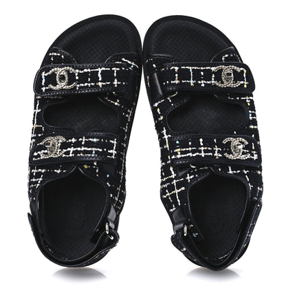 Tweed Lambskin Dad Sandals 39 Black Multicolor