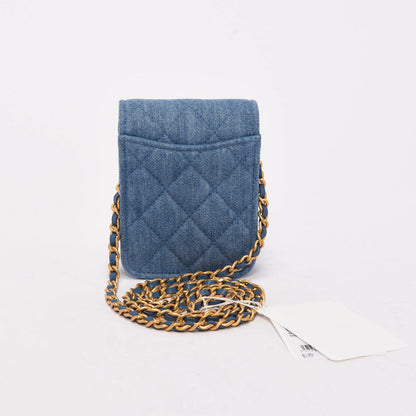 Chanel Blue Quilted Denim Flap Clutch With Chain
