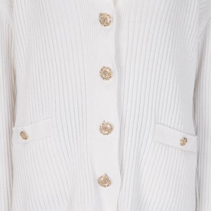 Chanel White Ribbed Cotton CC Long Cardigan FR 50
