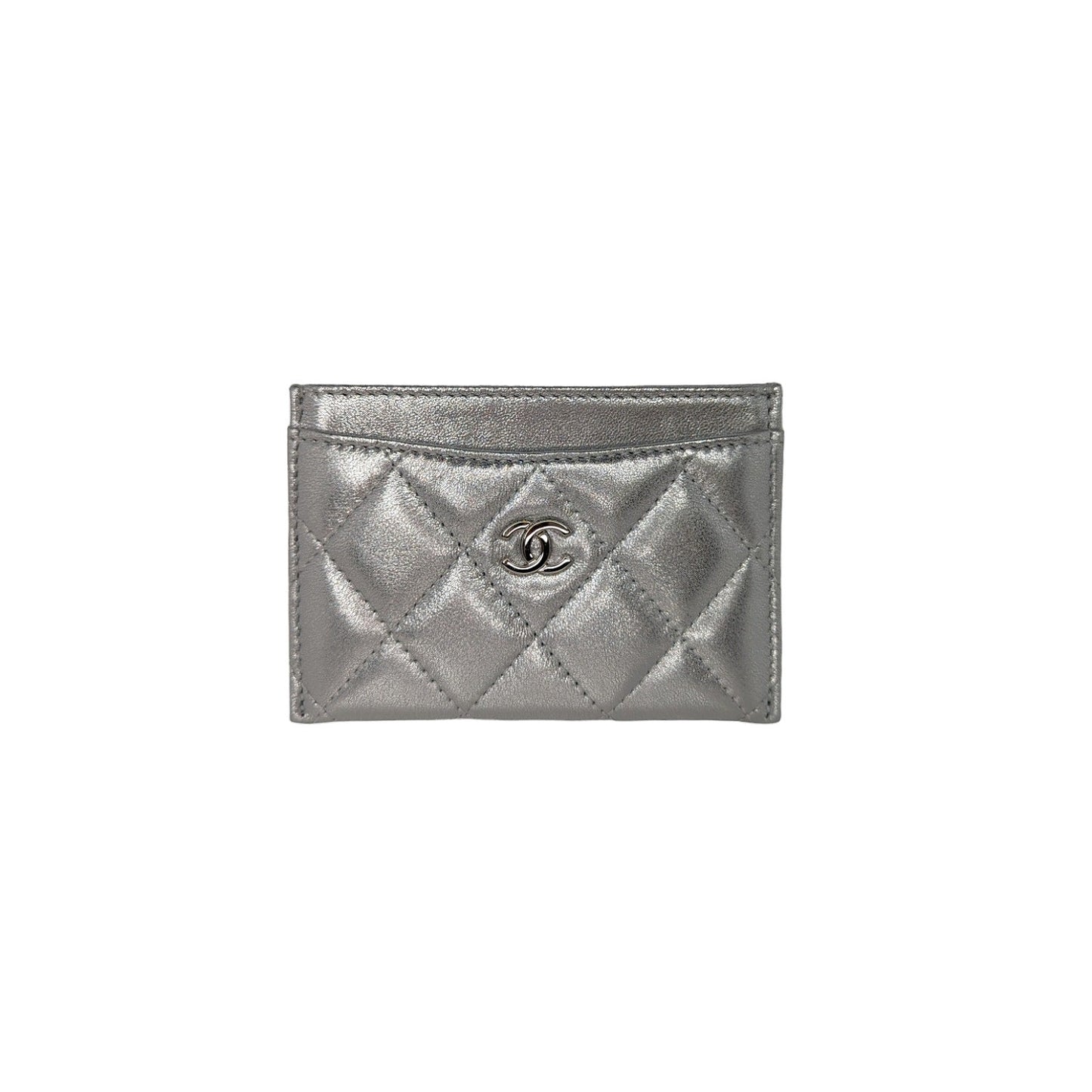 Chanel Metallic Lambskin Quilted CC Card Holder Silver