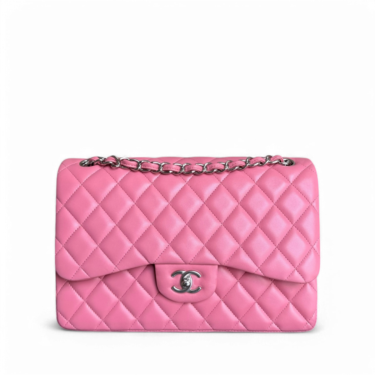 Chanel Classic Flap Jumbo - Double Flap 30CM Quilted Lambskin Pink Silver Hardware Series 18