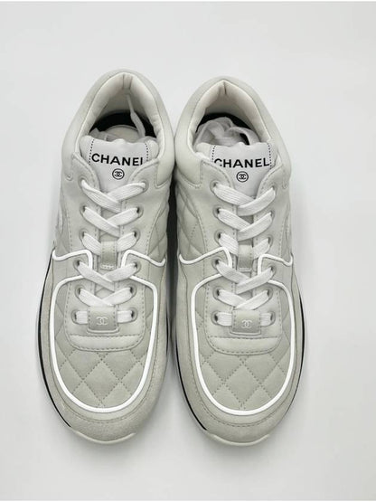 CC Logo Fabric Suede Low-Top Sneakers Light Grey Chanel