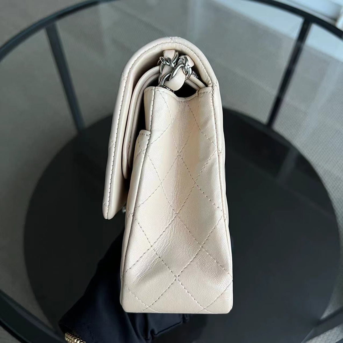 Double Flap Quilted Lambskin Beige Silver Hardware Series 14