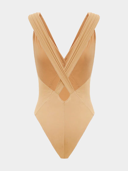 Beige Silk Muslin Cross-Back Bodysuit