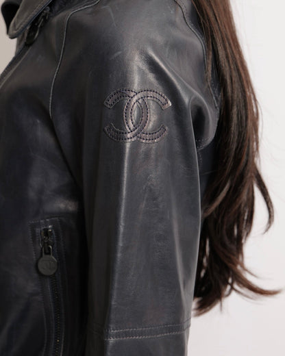 Chanel Navy Calfskin Leather Jacket with Quilted Details and Black CC Logo Buttons Size FR 34 (UK 6)