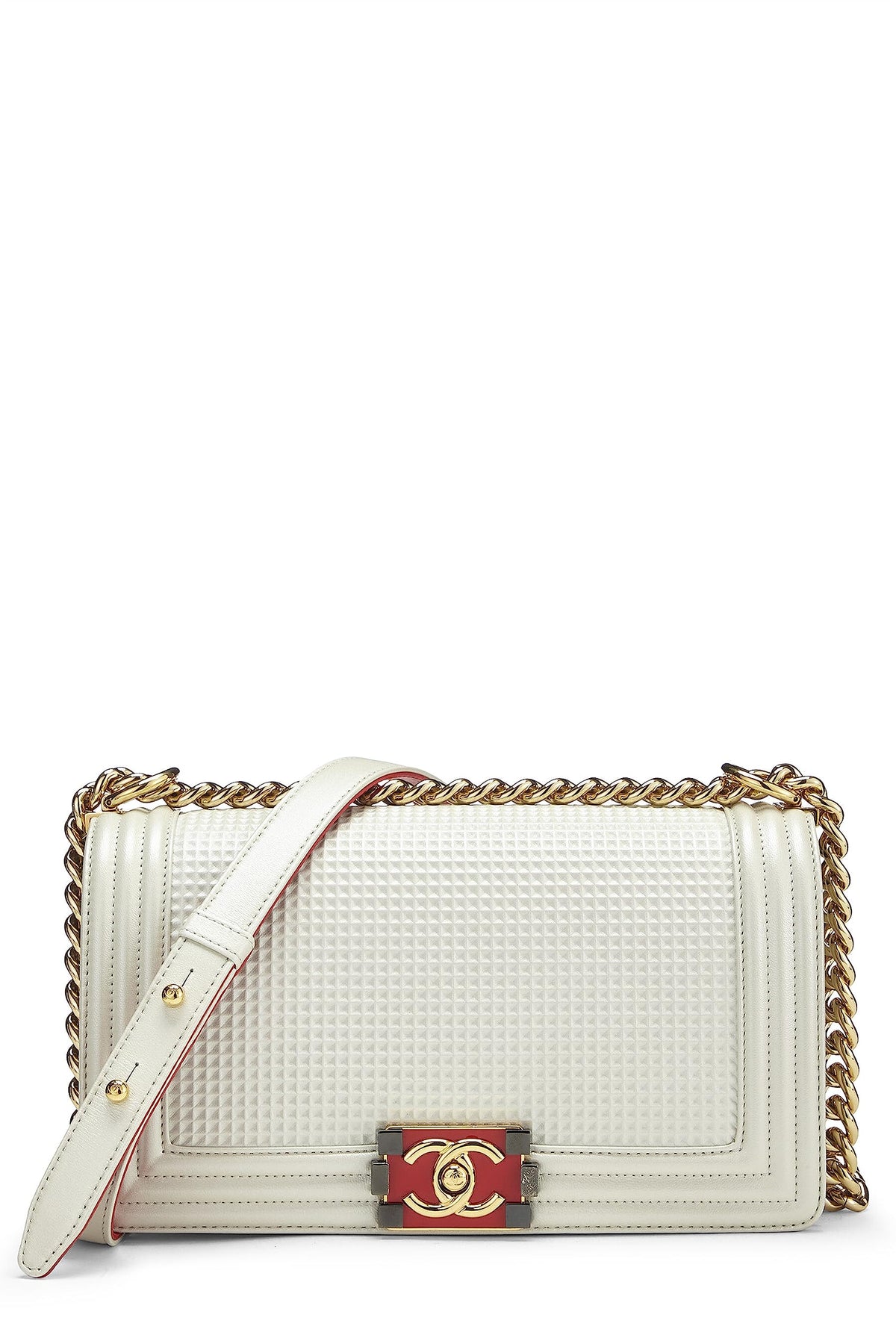 Chanel,  White Cube Embossed Leather Boy Bag Medium, White