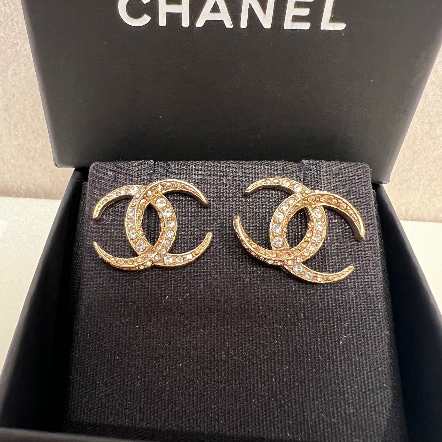 Chanel CC BC Logo Dubai Moon Crystal SHW Earrings Box RARE
