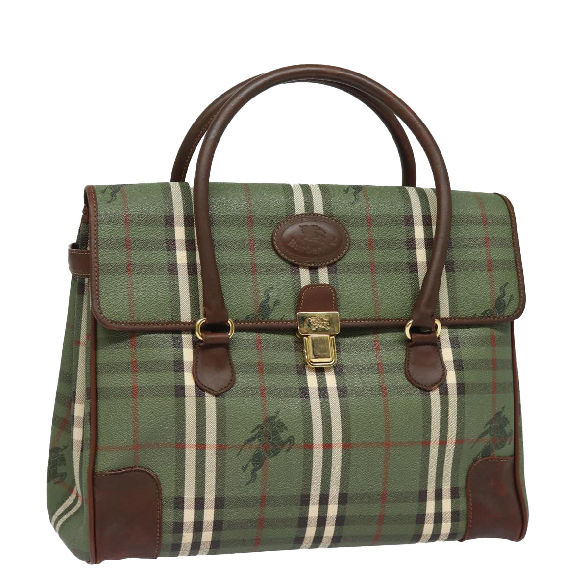 BURBERRYSs Nova Check Hand Bag PVC Leather Green Auth 81321