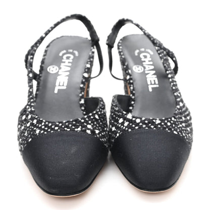 Tweed Polkadot Grosgrain Cap Toe CC Slingback Pumps 36 Black White Silver