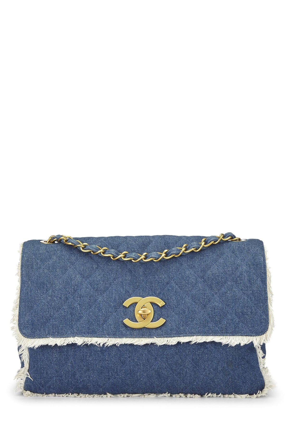 Chanel,  Blue Quilted Denim Half Flap Maxi, Blue