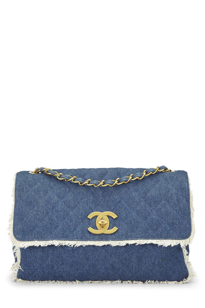 Chanel,  Blue Quilted Denim Half Flap Maxi, Blue