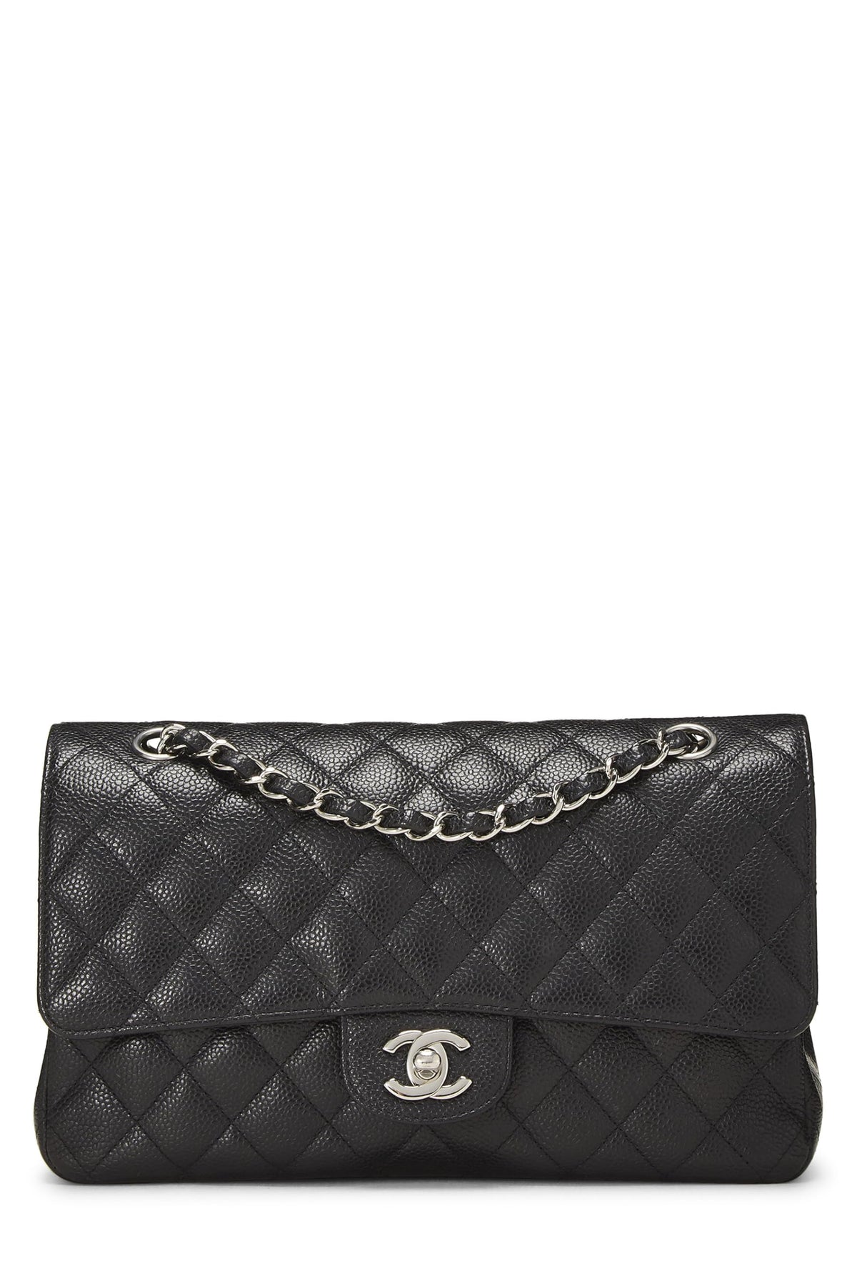 Chanel,  Black Quilted Caviar Classic Double Flap Medium, Black