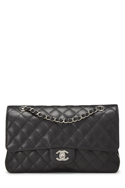 Chanel,  Black Quilted Caviar Classic Double Flap Medium, Black