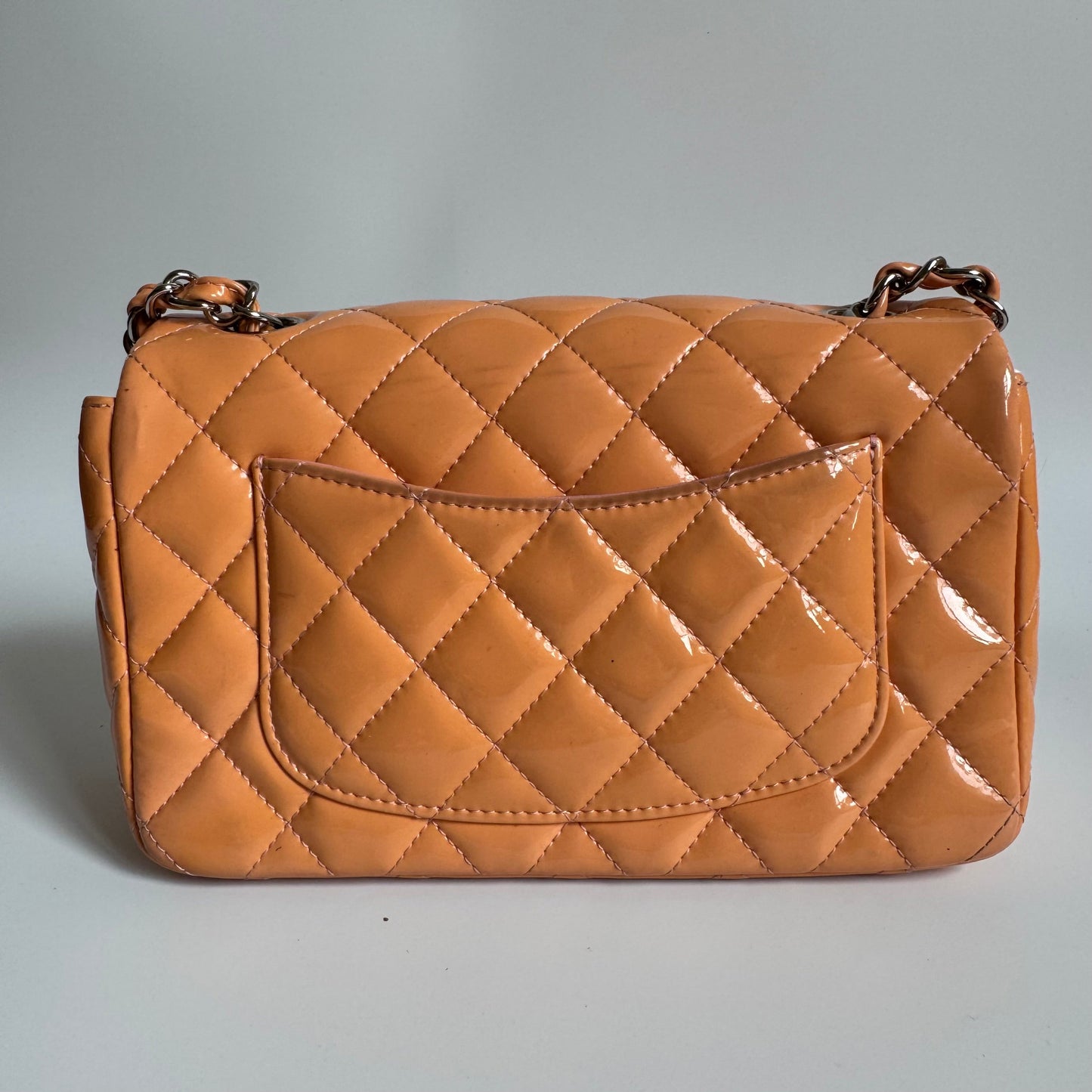Chanel Classic Flap Rectangular Mini Coral Orange Patent Leather Silver HW
