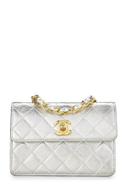 Chanel,  Metallic Silver Lambskin Half Flap Micro, Silver