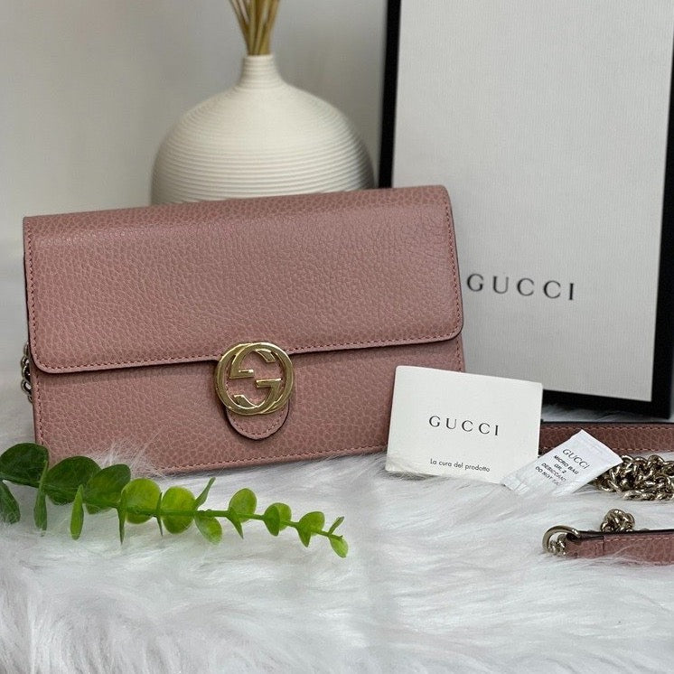 Gucci Interlocking G Wallet on Chain Leather Pink GHW
