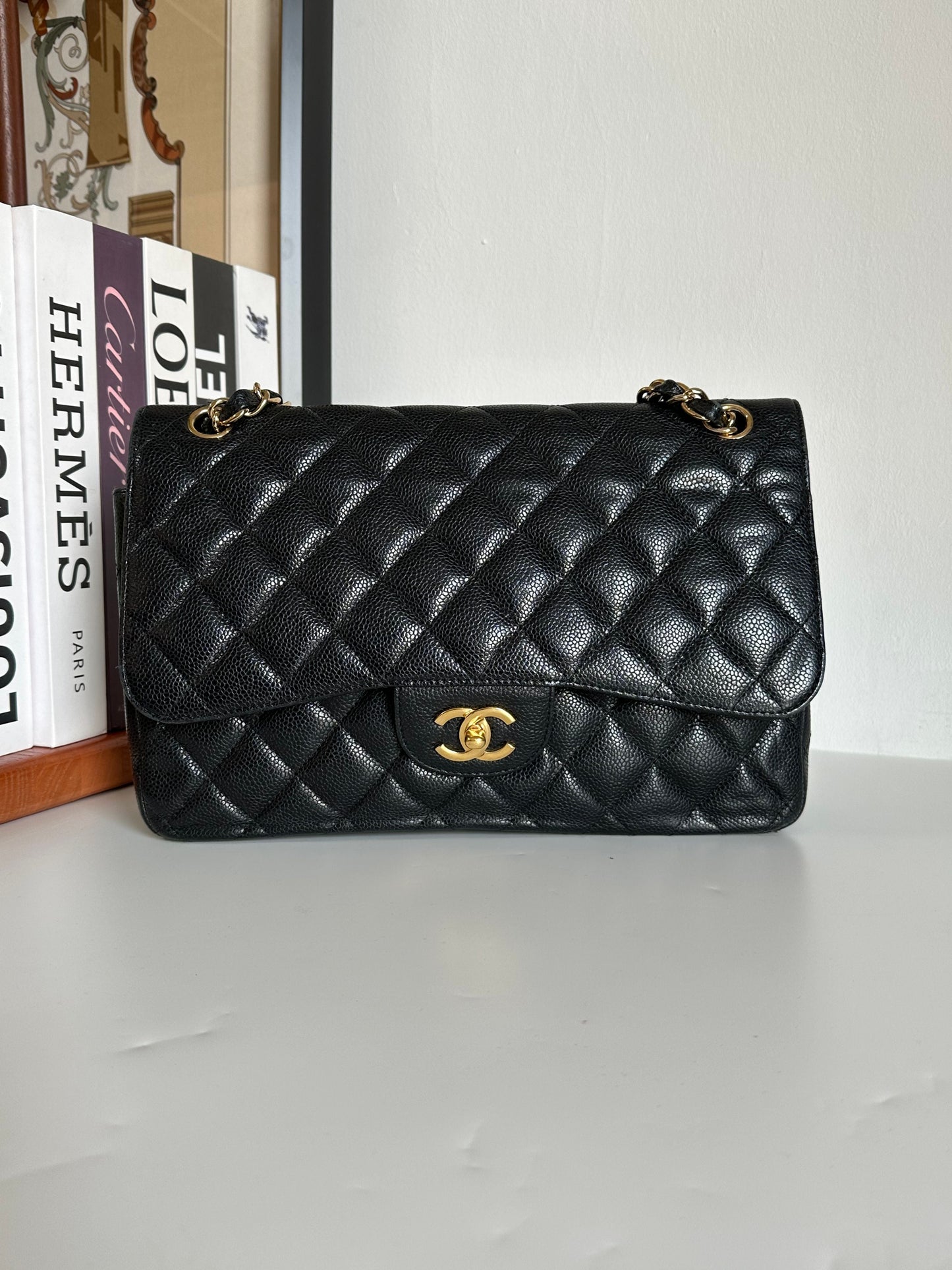 CHANEL Caviar Quilted Jumbo Double Flap Black #QIEE