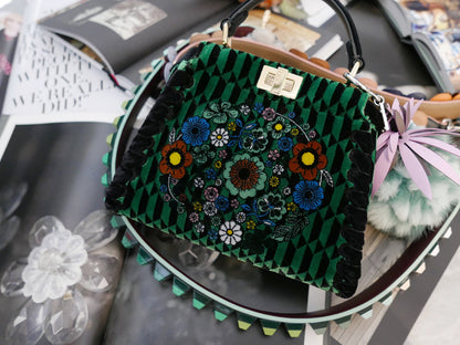 Fendi Floral Green Velvet Mini Peekaboo Bag