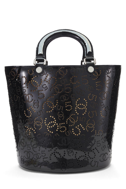 Chanel,  Black Perforated Patent Leather Vertical Bucket Tote, Black