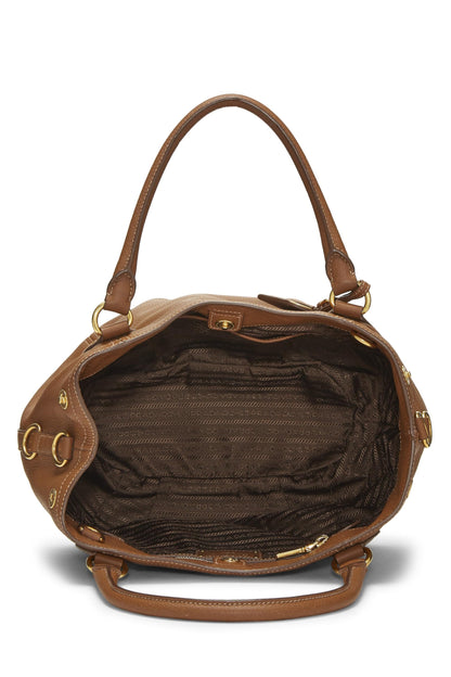 Prada,  Brown Vitello Daino Convertible Handbag Medium, Brown